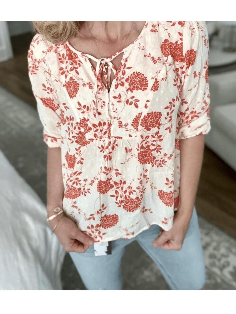 Paper Moon Rayon 3/4 Sleeve Floral Cream Textured Floral Blouse Size M
